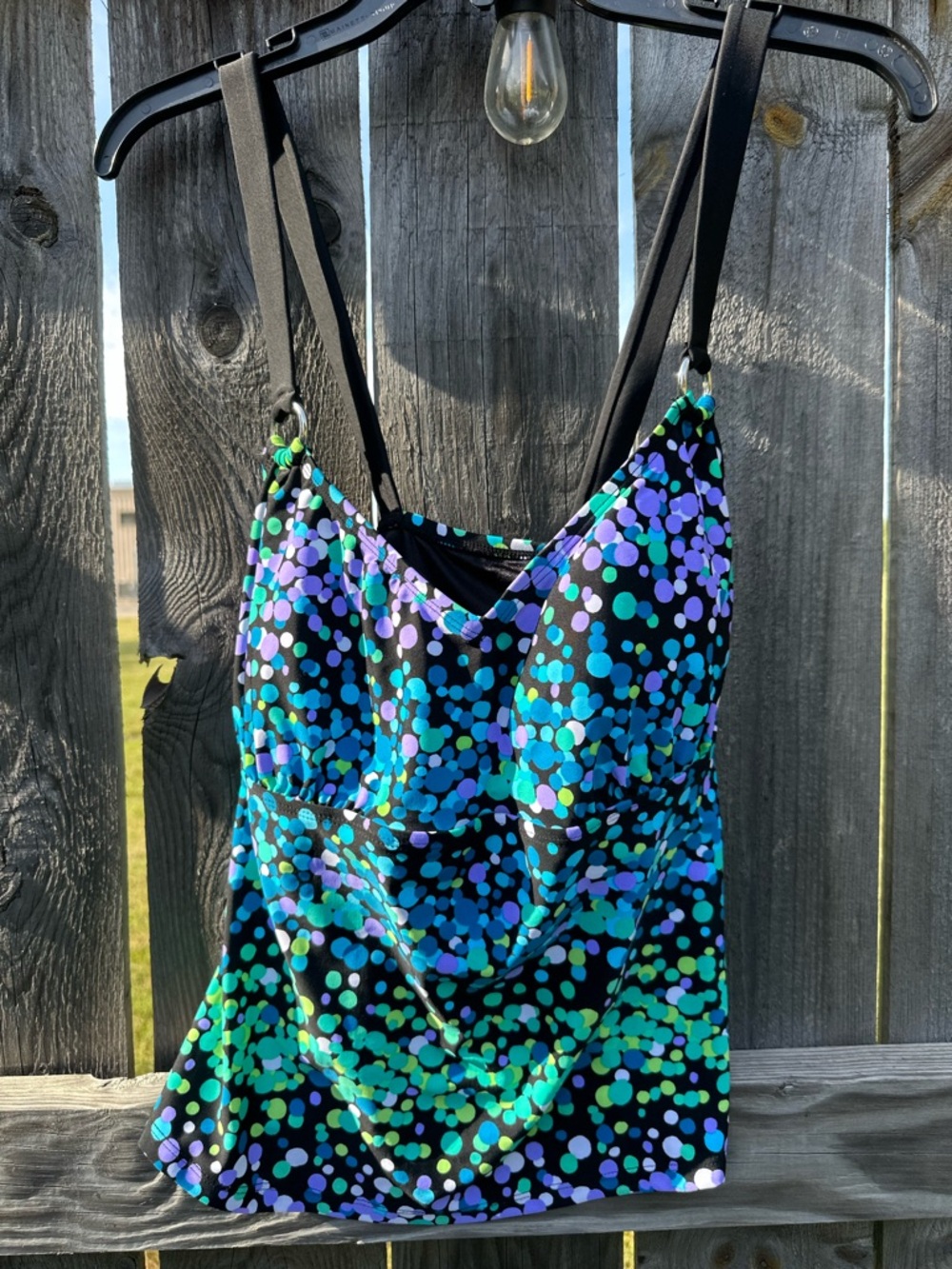 Black Swim Top with Aqua, Teal & Lavender Dot Print.  Delta Burke size 18W